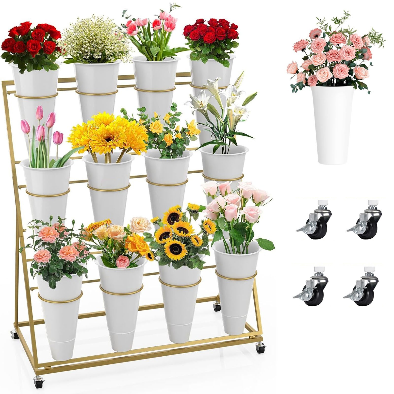 3 Layers Flower Display Stand w/ 12 PCS Round Buckets Florist Flower Cart Rack