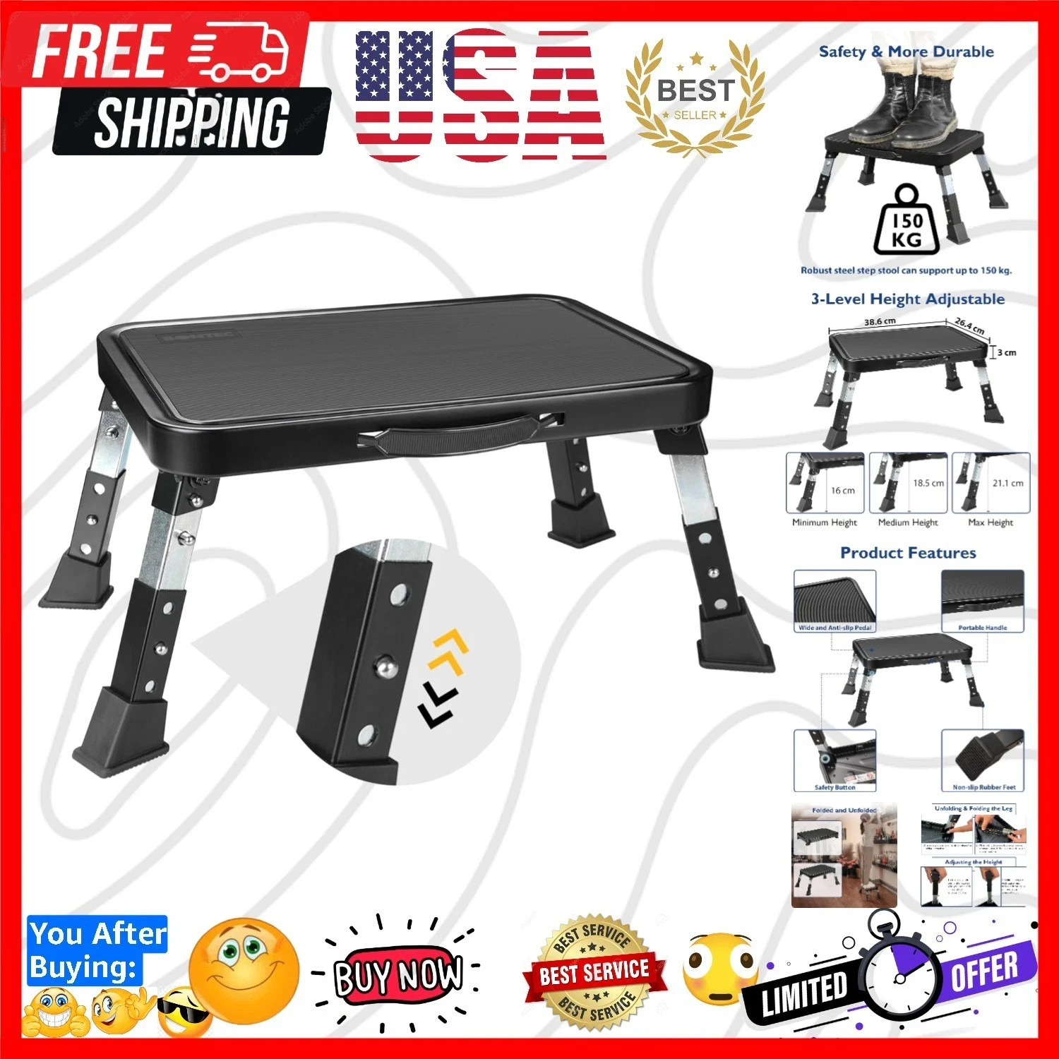 Compact Heavy Duty Step Stool with Adjustable Height & Slip Resistance