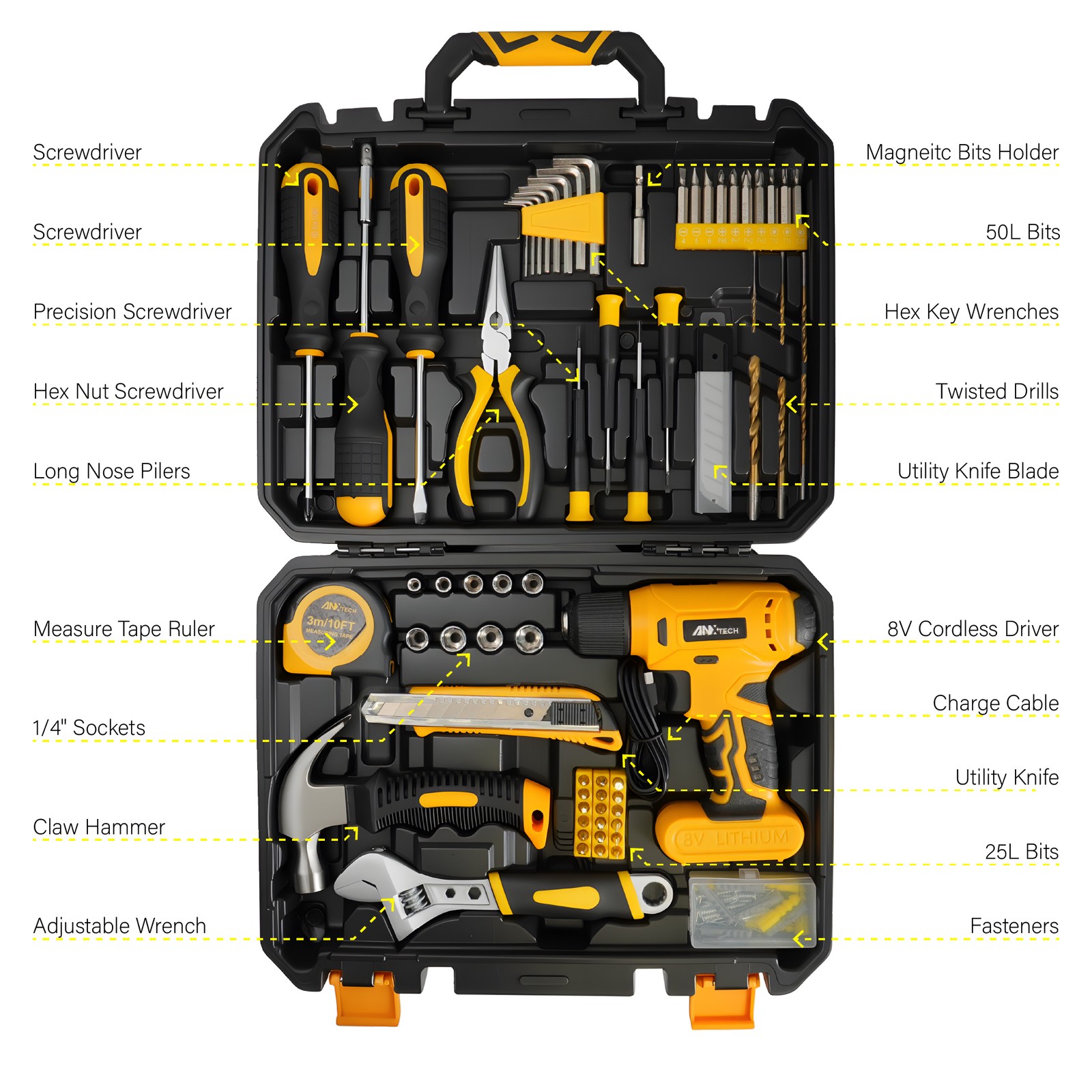 ANXTECH 154pcs Electric Drill Tool Kit Hand Tool Set Cordless Portable Toolbox