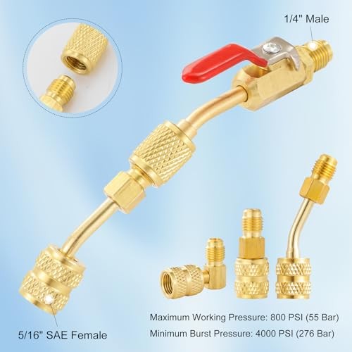 AC Refrigerant Angled Compact Ball Valve Set, 4 Ball Valve + 6PC R410A Adapter