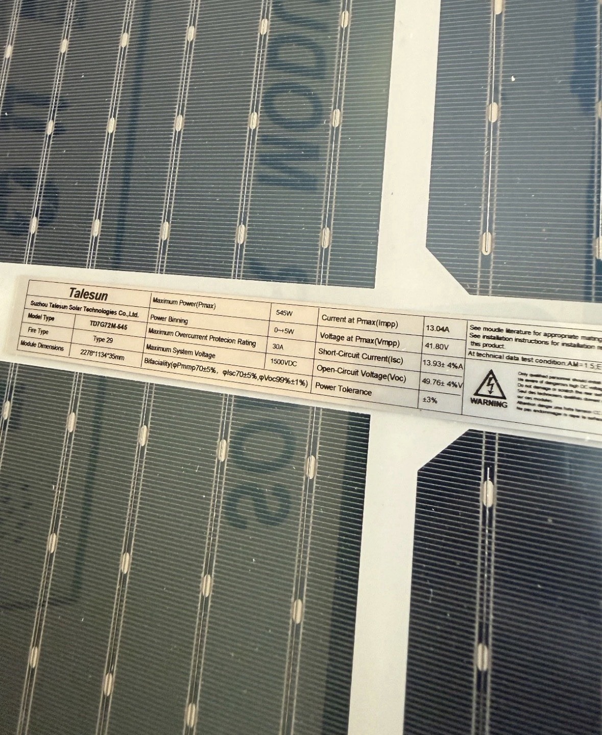 Solar Panel Talesun 545W NEW Model TD7G72M-545