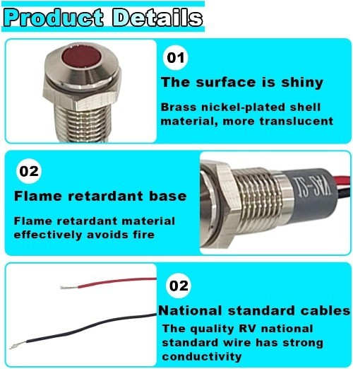 8mm/0.31″ Signal Indicator Light, AC/DC 12V-24V Waterproof Panel Mount Red