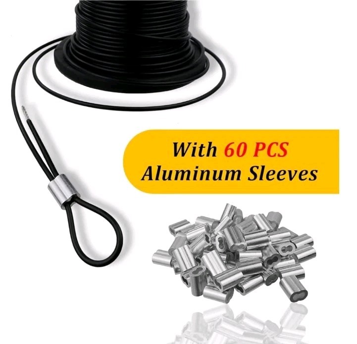 Vinyl Coated Wire Rope 304 Stainless Steel Coated Wire Cable-Black, 1/16″ OD to