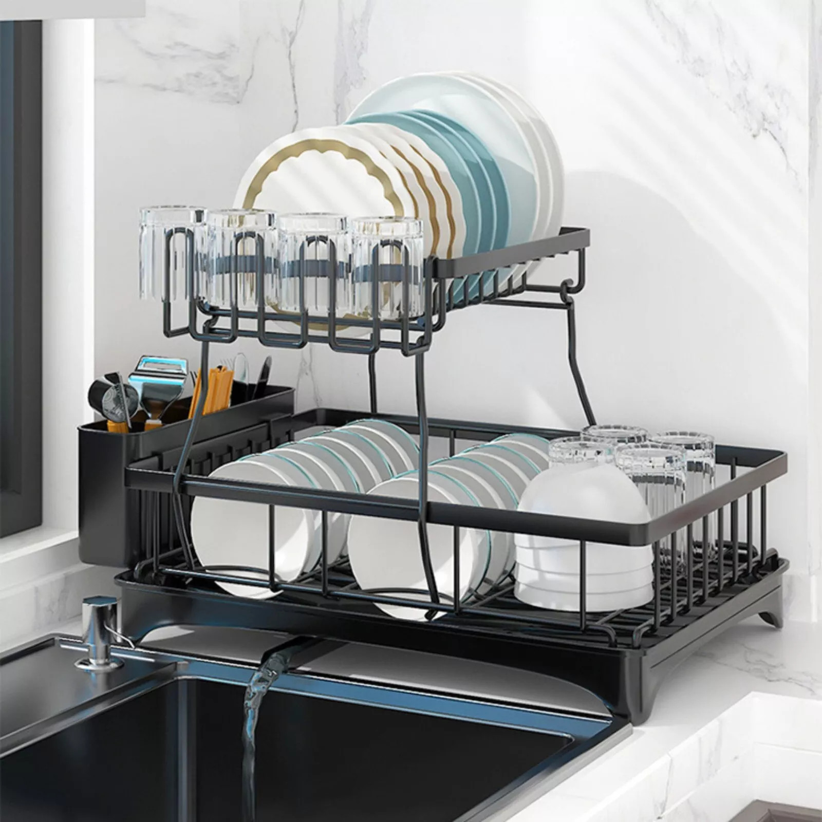 2 Tier Over The Sink Dish Drying Rack Stainless Steel Kitchen Dish Drainer Black
