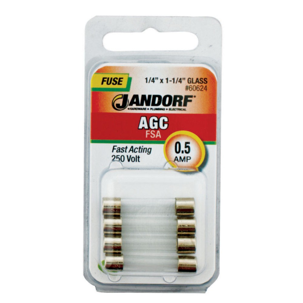 Jandorf 60624 0.5A 250V Glass Cartridge Fast-Acting Fuse 1/4 Dia. x 1-1/4 L in.