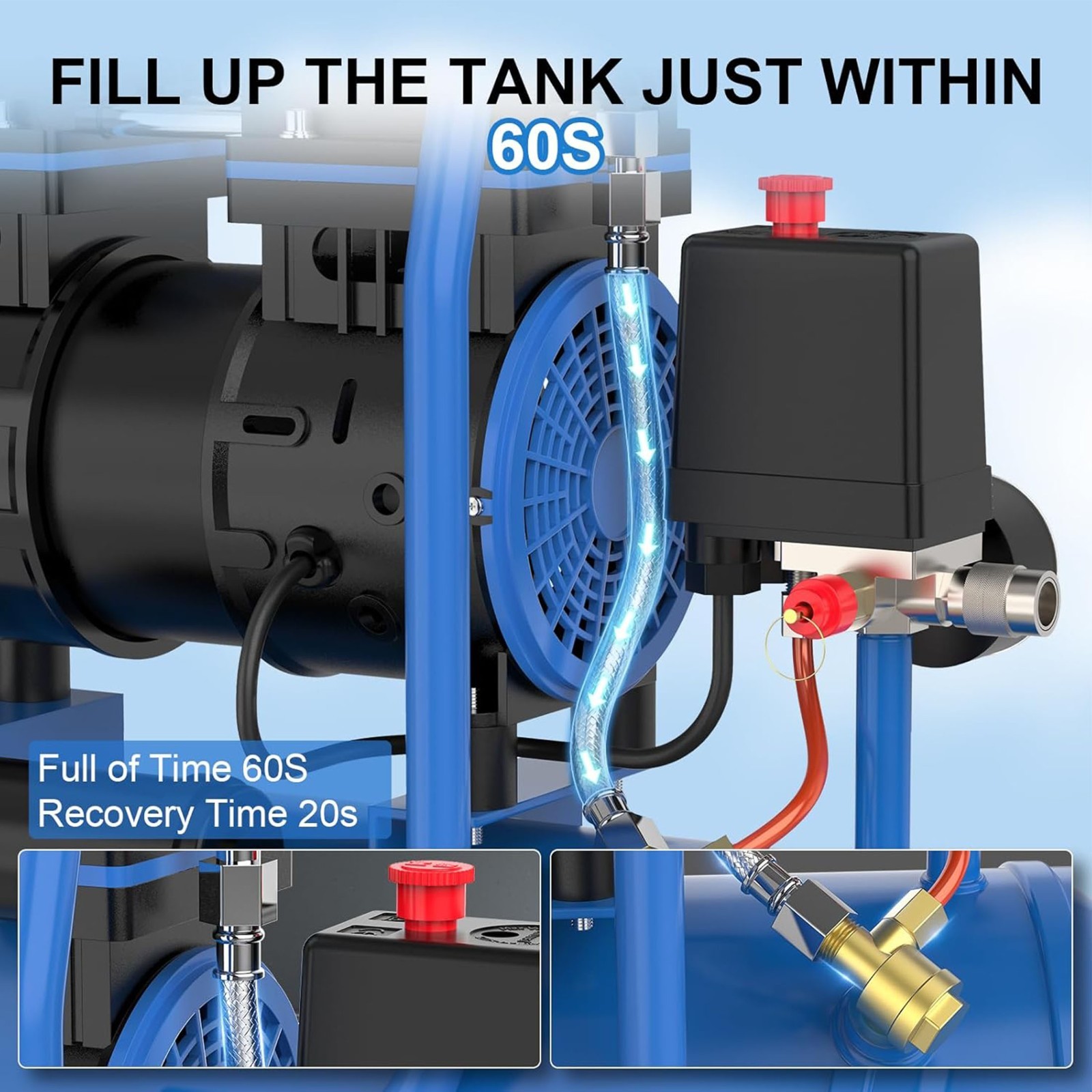 AZZUNO Air Compressor 6 Gallon 4.2CFM@90PSI 70 dB Ultra Quiet Oil Free