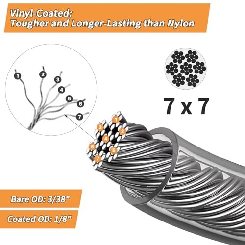 Shineyoo 300FT 1/8″ Wire Rope Kit – Vinyl Coated 304 SS, 7×7 Strands 1/8″-300FT