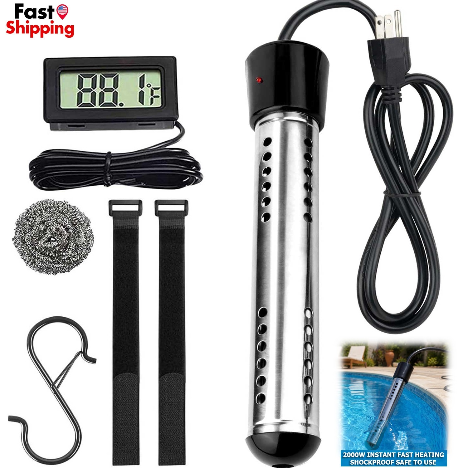 Immersion Water Heater 2000W Portable Pool Heater Fast Heating w/ Auto Shutoff
