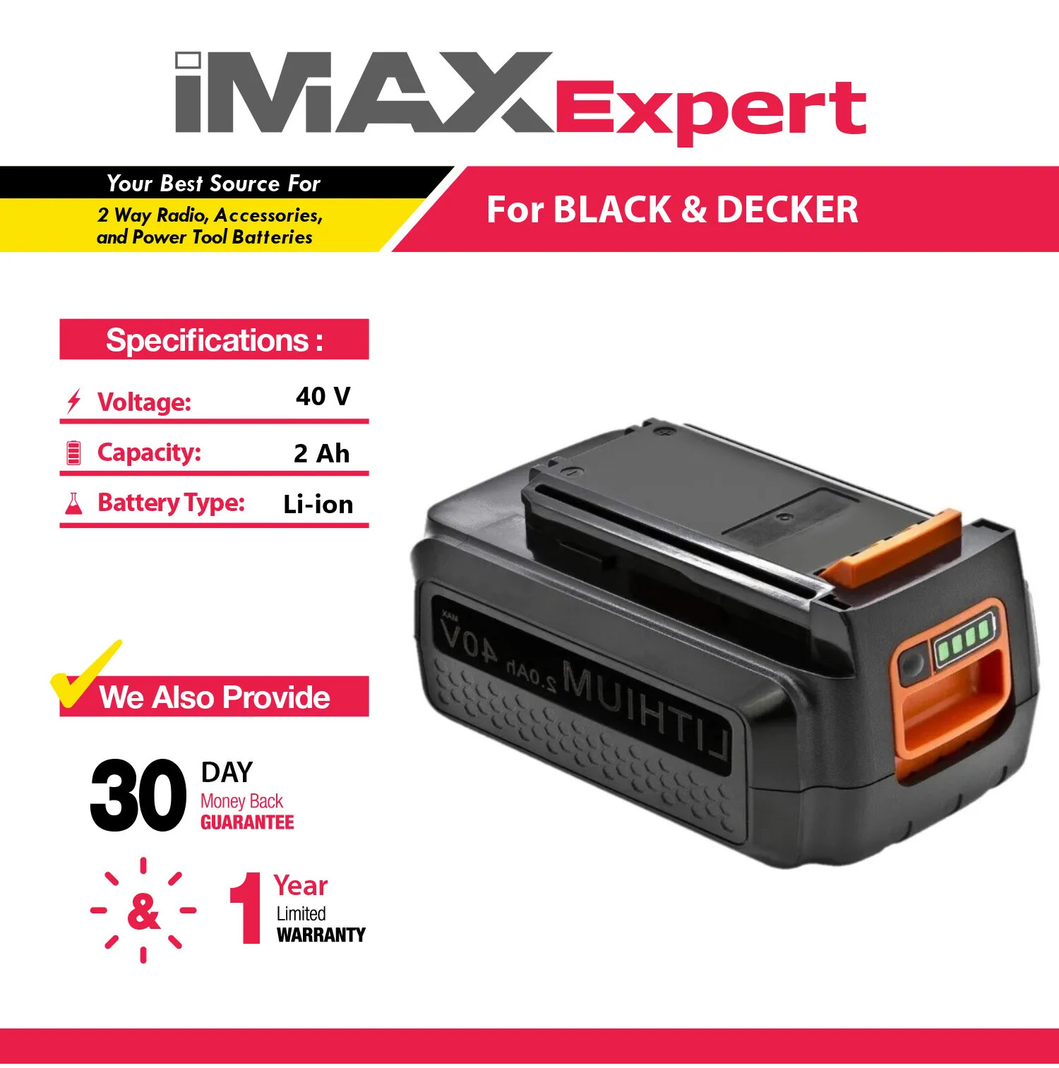 40V 2Ah Li-ion Battery for Black & Decker LBX2040, LBXR36, LBXR36-2, LBX36