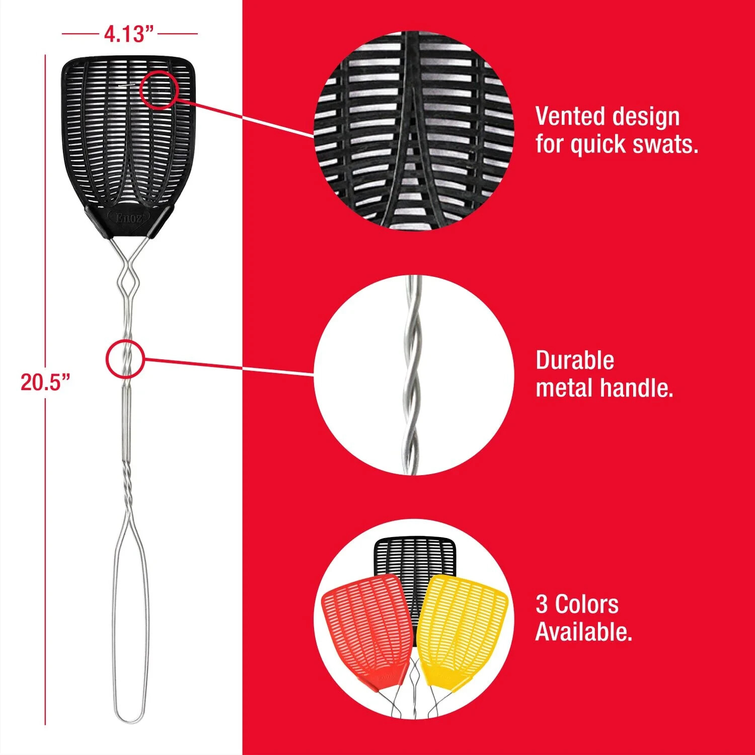 (3 pack)Enoz Fly Swatter, Wire Handled Plastic Fly Swatter, Assorted Colors,2 ct