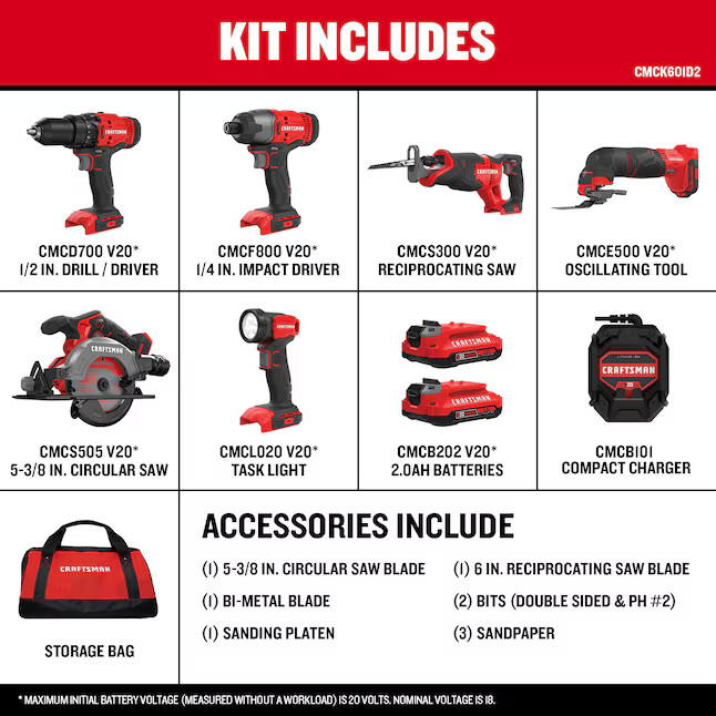 CRAFTSMAN V20 20-volt Max 6-Tool Power Tool Combo Kit with Soft Case (2-Batterie