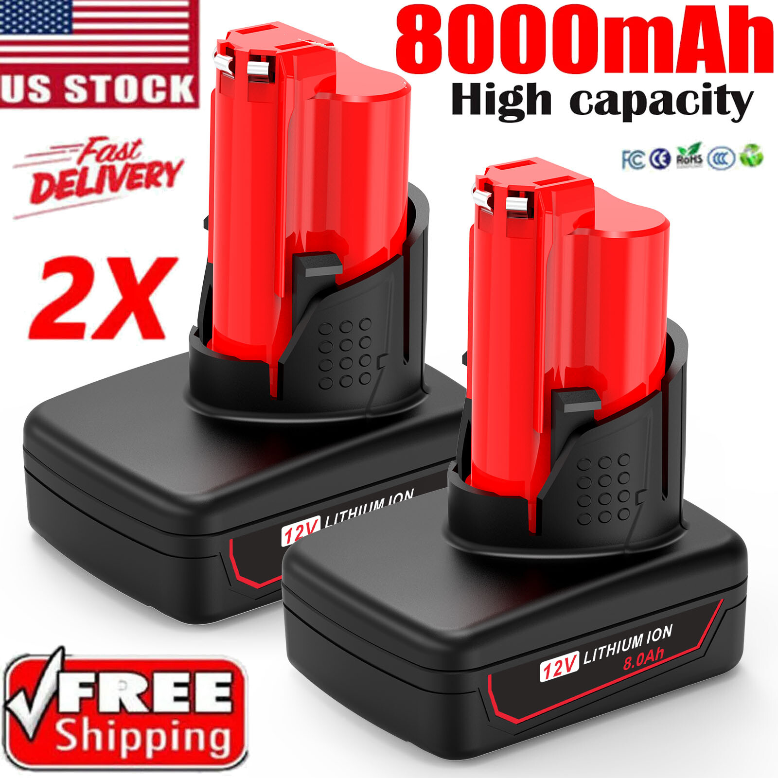 For Milwaukee for M12 12V Lithium 8.0Ah Extended Capacity Battery 48-11-2460 US