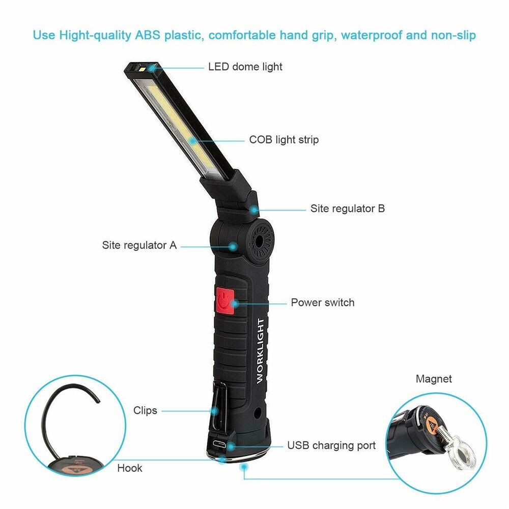 2 Pack Magnetic Base LED COB Work Light Rechargeable Mechanic Torch Flashlight