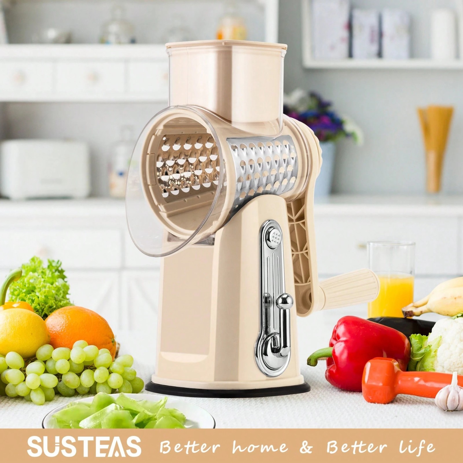 SUSTEAS Rotary Cheese Grater with 5 Blades & Storage Box Sleek Vegetable Shredde