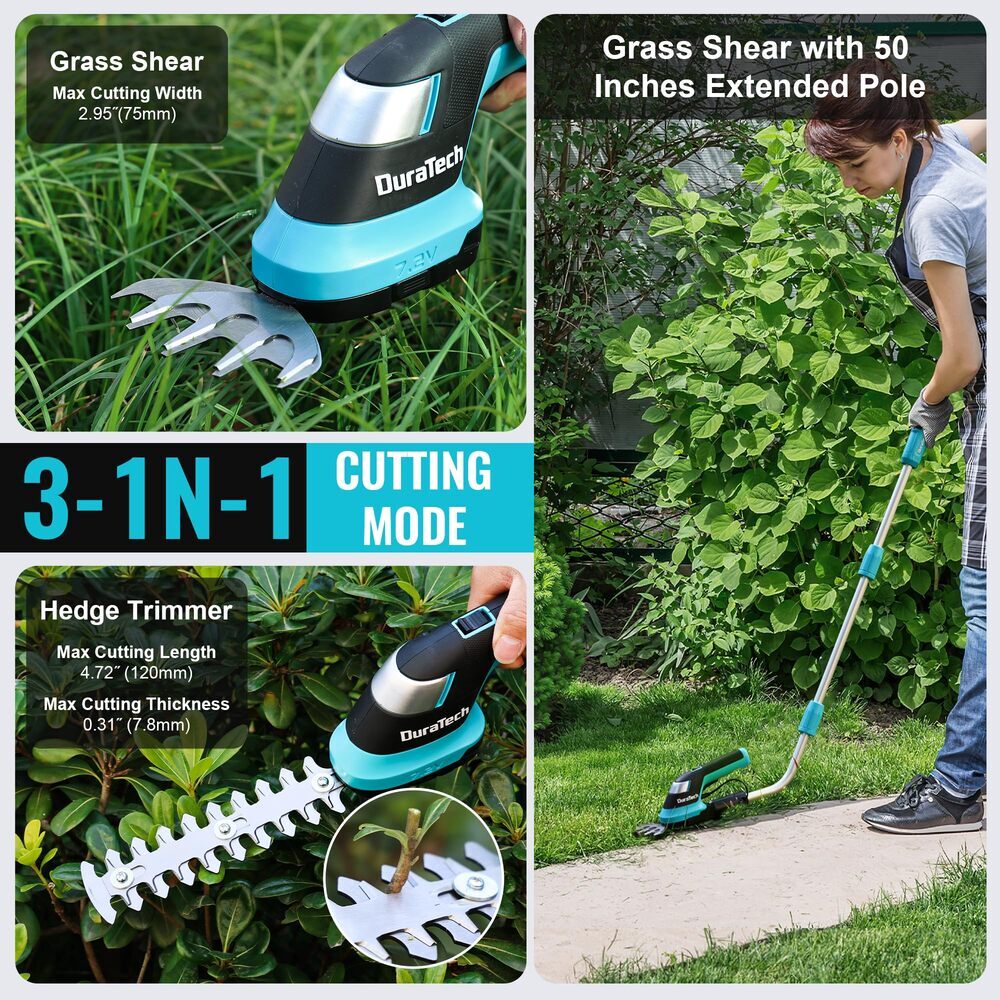 DURATECH 7.2V Cordless 3-in-1 Grass Trimmer & Hedge Shears w/50″ Pole USB Type-C