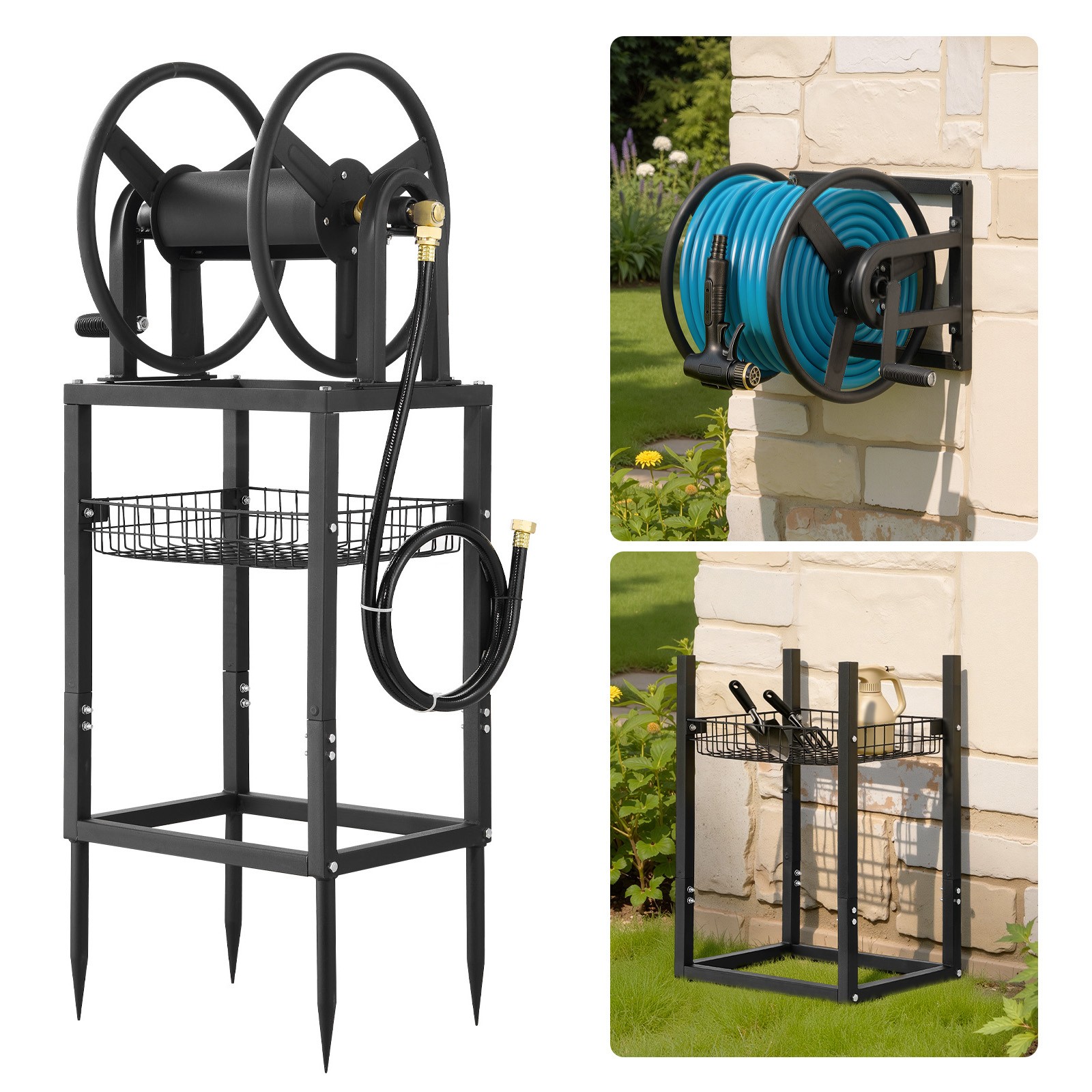 Uimoso Wall-Mounted Garden Hose Reel Freestanding 200 ft 5/8-inch Hose Backyard