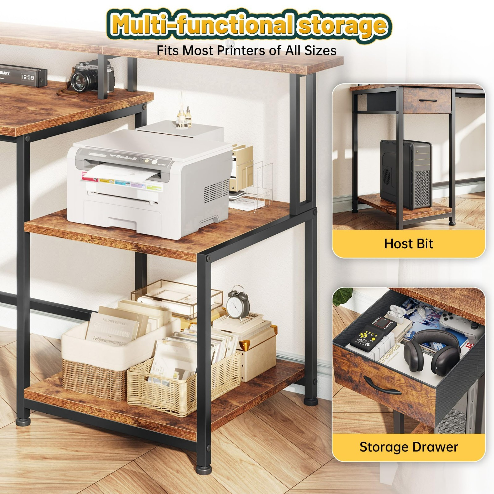 Home Office Study Table Work Computer Gaming Desk with Drawer & LED,Rustic Brown