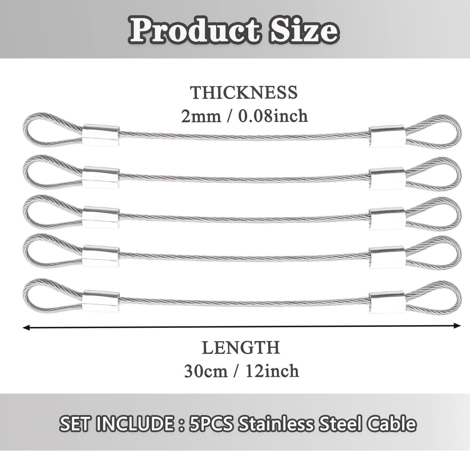 Stainless Steel Cable with Loops, Vinyl Coated Wire Rope 5 PCS, Silver