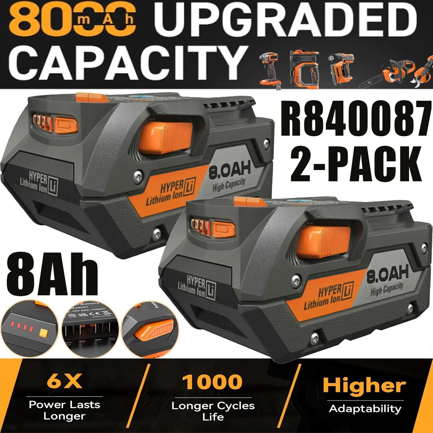 2PACK For Ridgid 18V R840085 8.0Ah Lithium-ion Battery OR Charger 18Volt R840087