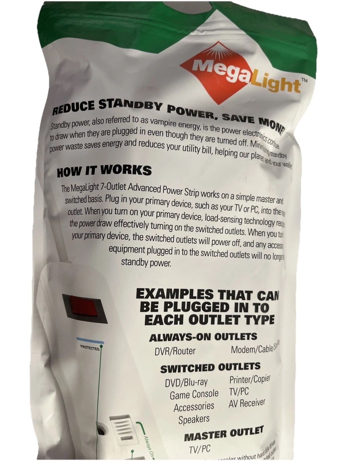 7 OUTLET Power Strip & Surge Protector Megalight APS-7-600 Energy Saver NEW