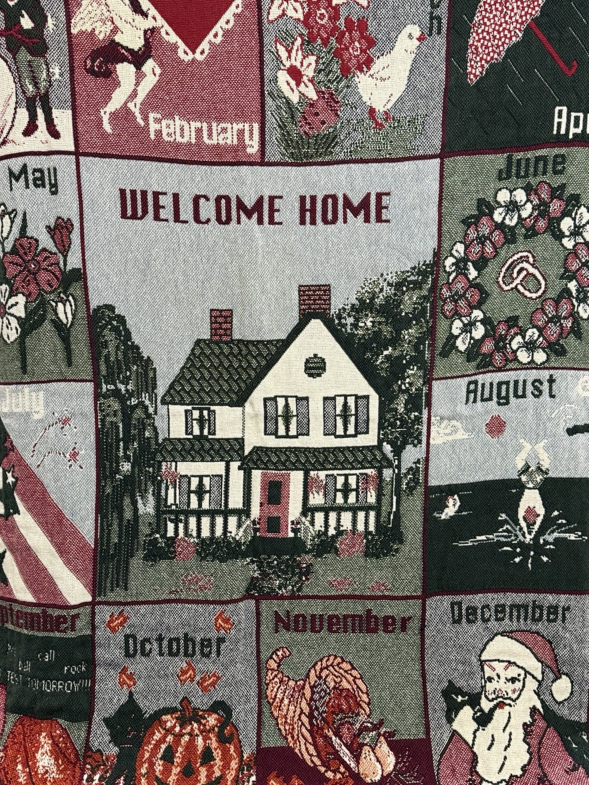 VTG 90s Tapestry Throw Blanket Welcome Home Calendar Holidays 12 Months EUC