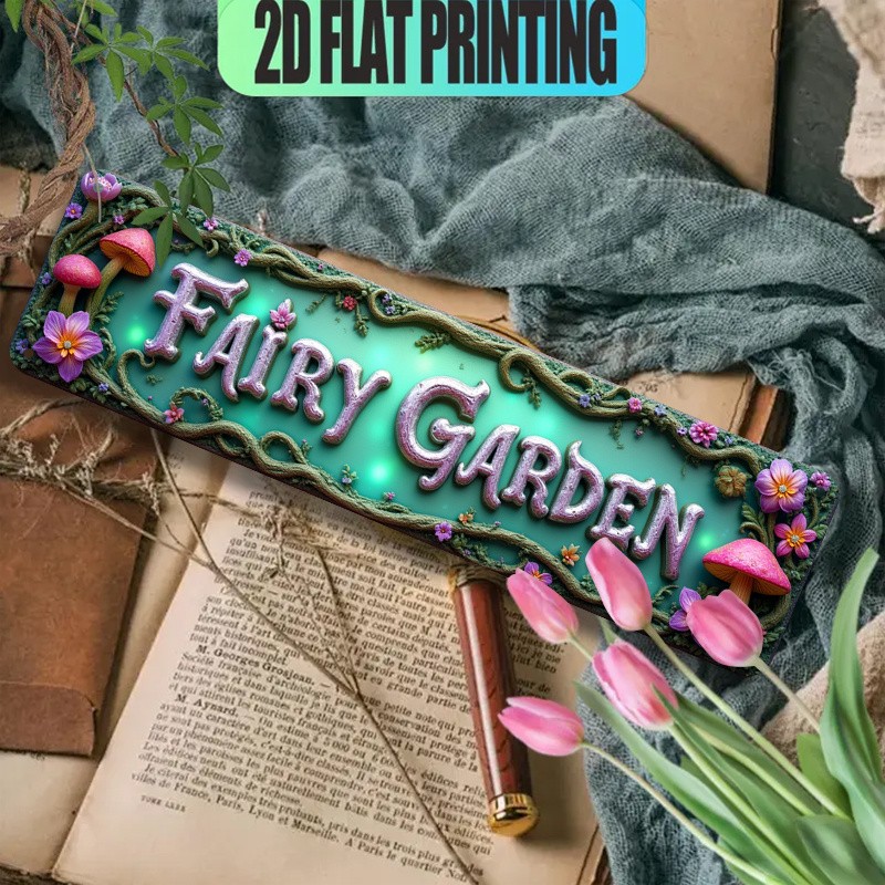 Fairy Garden Mushroom Floral Metal Sign Enchanted Green Wall Art Decor Plaque