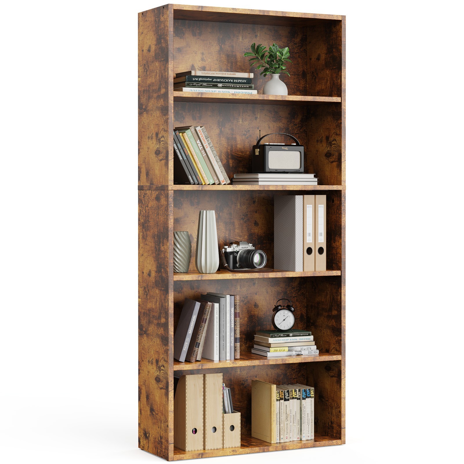 Bookshelf 5 Tier Storage Shelf Adjustable Bookcase Open Wood Magazine Organizer