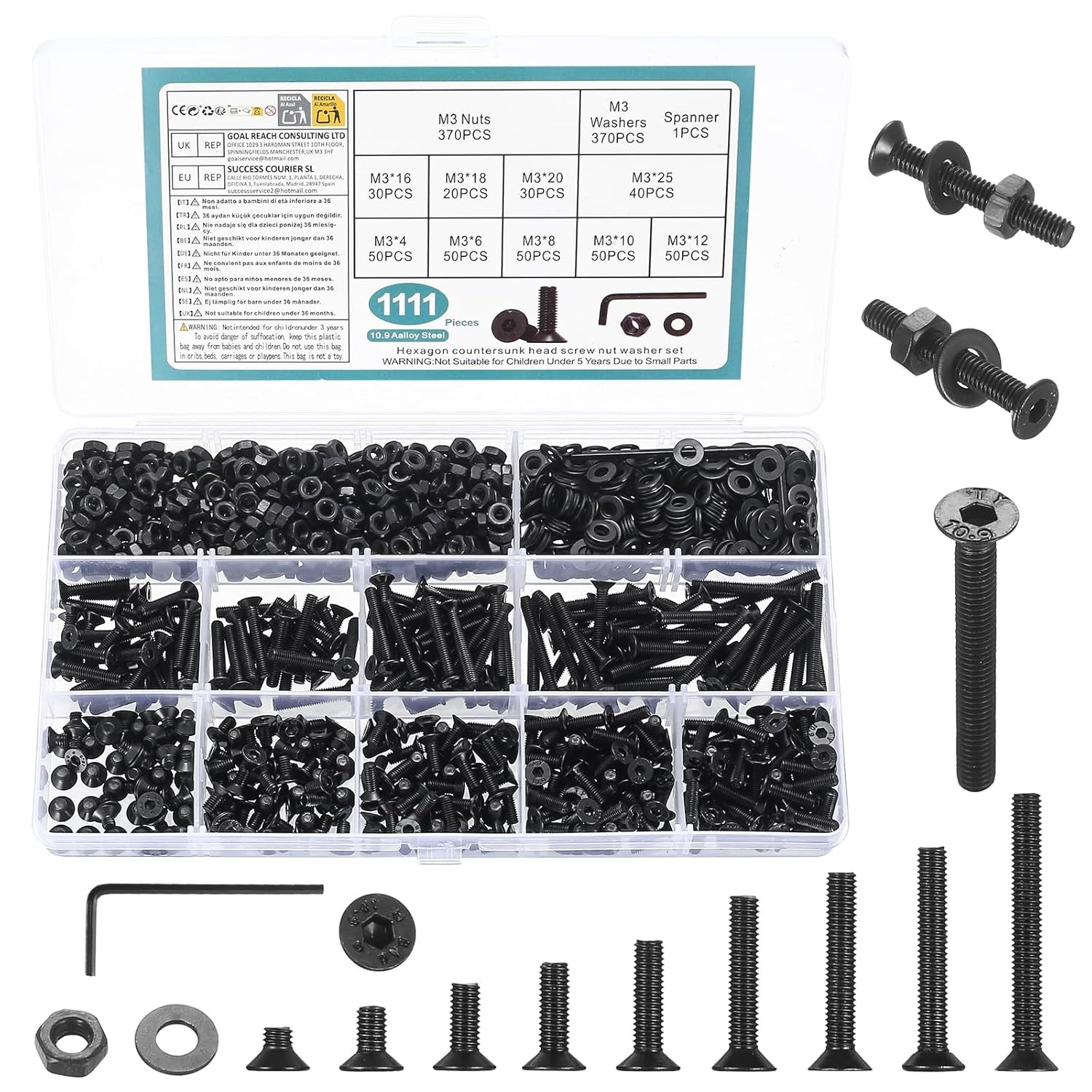 M3M4M5M6M8 Hex Socket Head Countersunk Screws Bolts Nuts Washers Assortment Kit