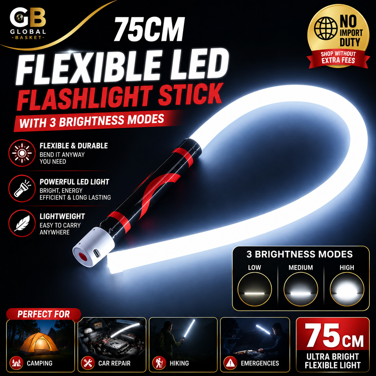 75cm Flexible LED Flashlight Stick Bendable Work Light With 3 Brightness Modes