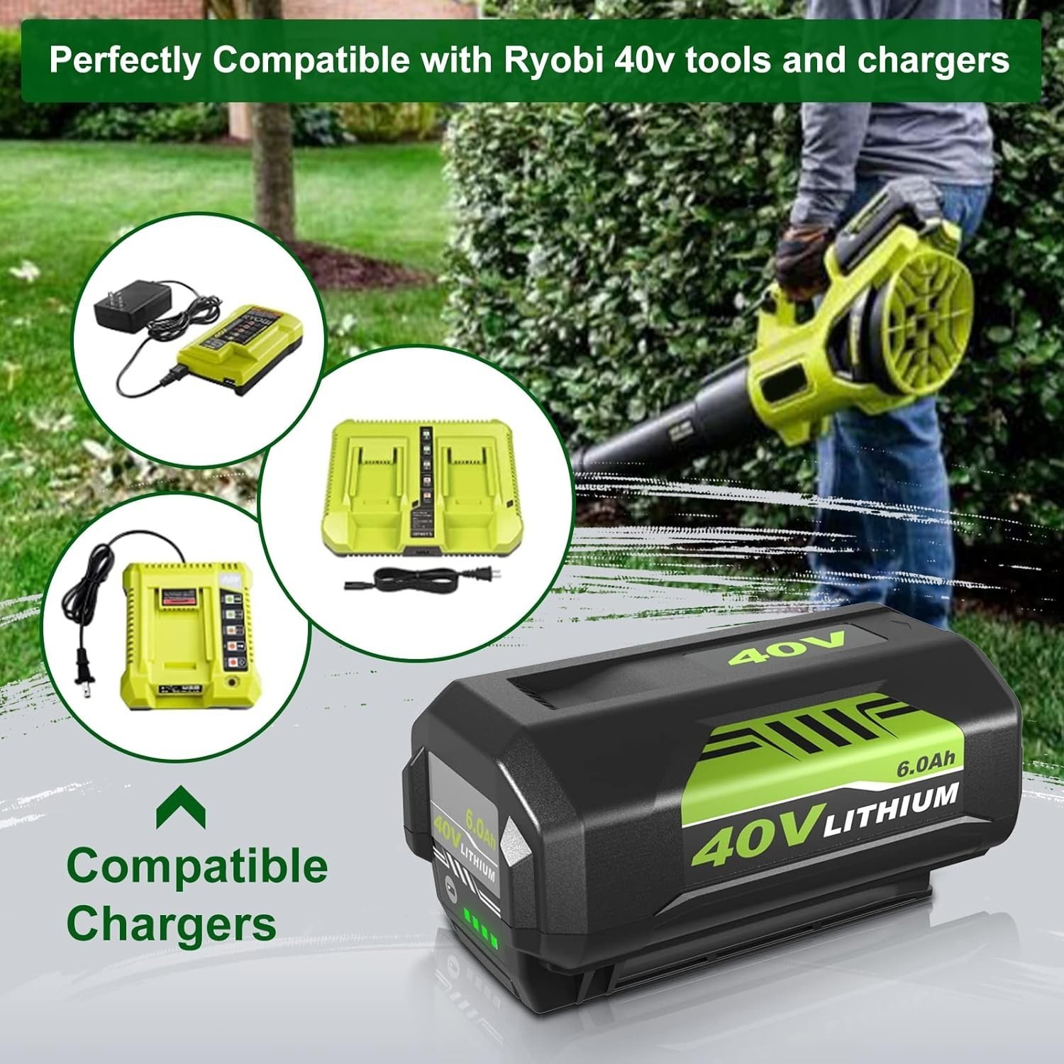 2PCS 8.0Ah Battery 40Volt for Ryobi 40V Lithium OP40602 Battery with LED/Charger
