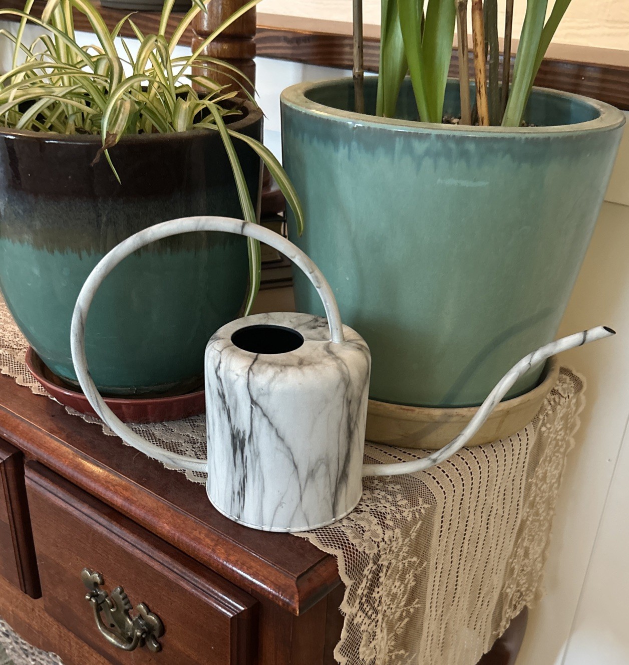 MARBLE-PATTERNED METAL WATERING CAN LONG SLENDER SPOUT FOR PRECISE POURING