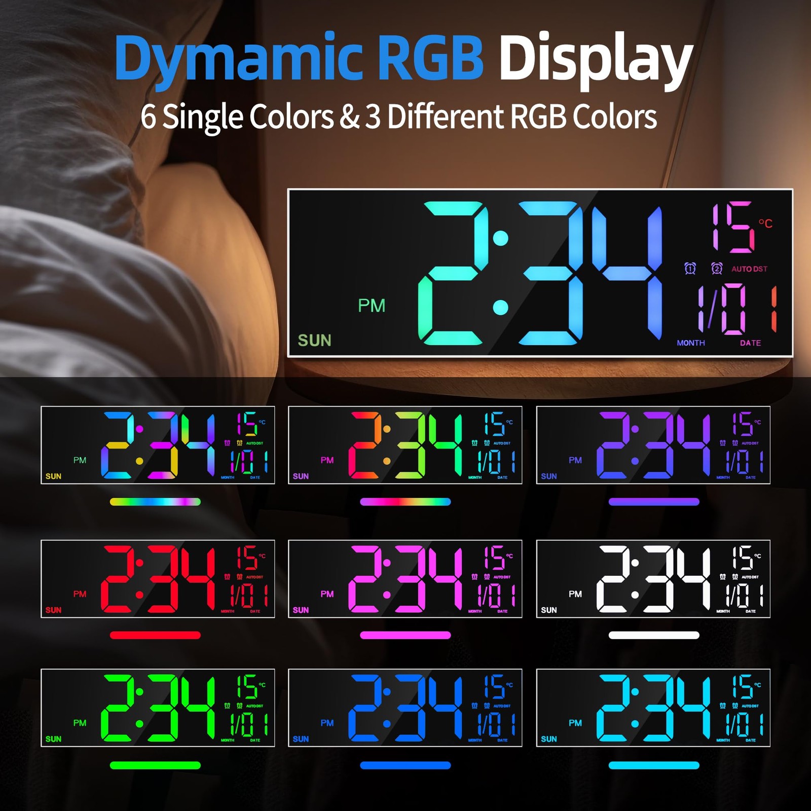 16.2” Large Digital Wall Clock with Remote Control, Big LED/Dual Alarm/8 RGB…
