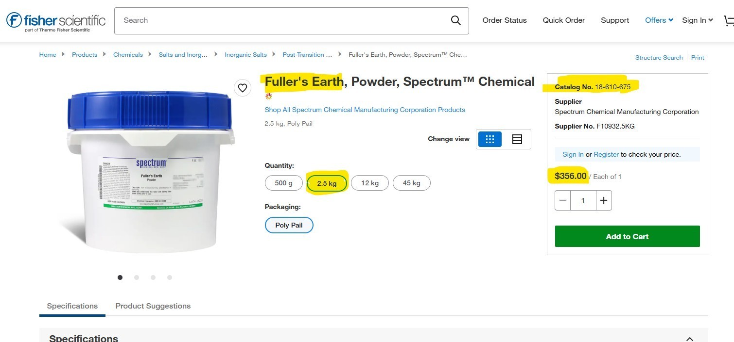 Fisher Scientific F90B-3 Fuller’s Earth Technical Powder 2.6 kg CAS 8031-18-3
