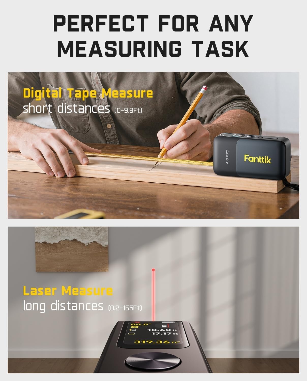 Fanttik A10 Pro 2-in-1 Digital Laser Tape Measure with HD IPS Color Display, 165