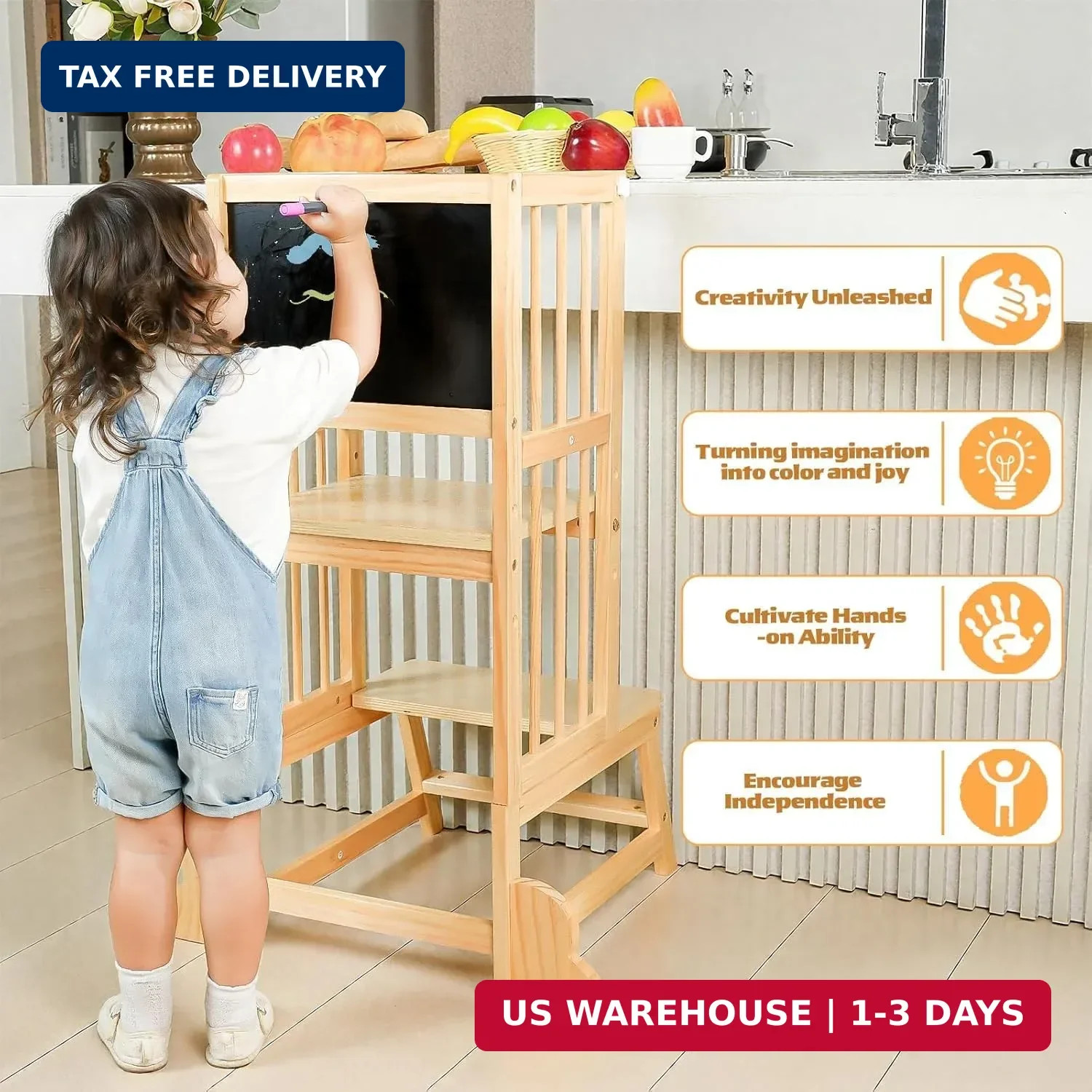 Toddler Step Stool, Kitchen Tower for Toddlers, Adjustable Height Children’s Woo