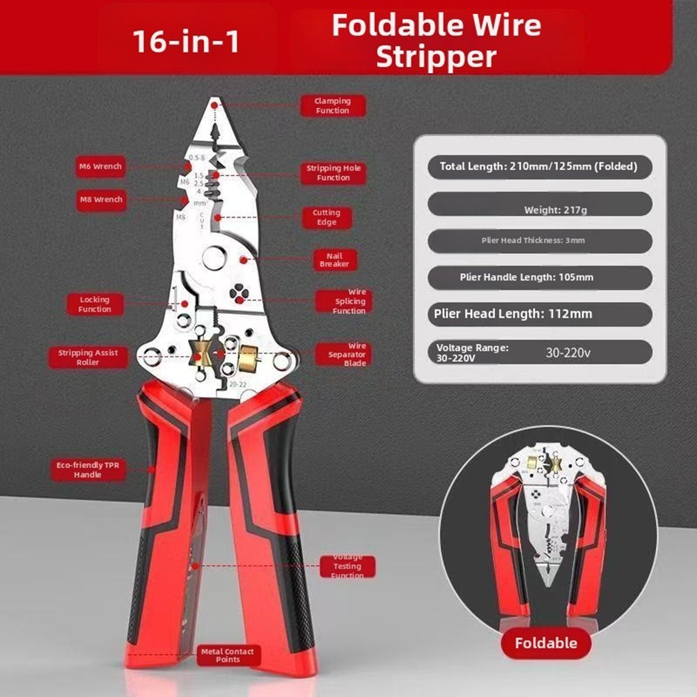 16-in-1 Wire Stripper with Voltage Detection for Stripping Twisting and Cutting