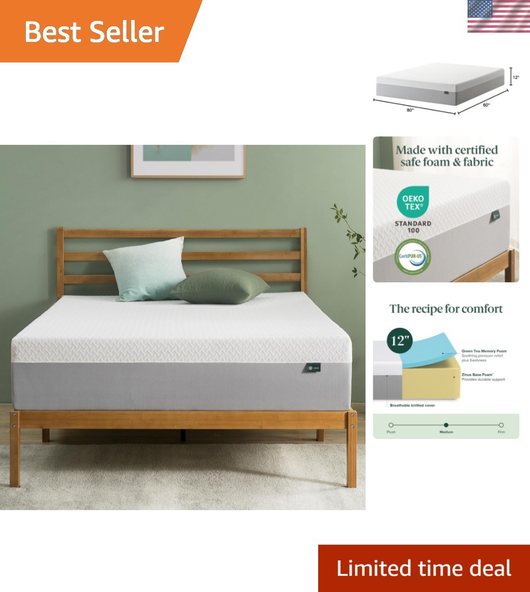 Memory Foam Mattress Queen Green Tea Breathable Safe CertiPUR US