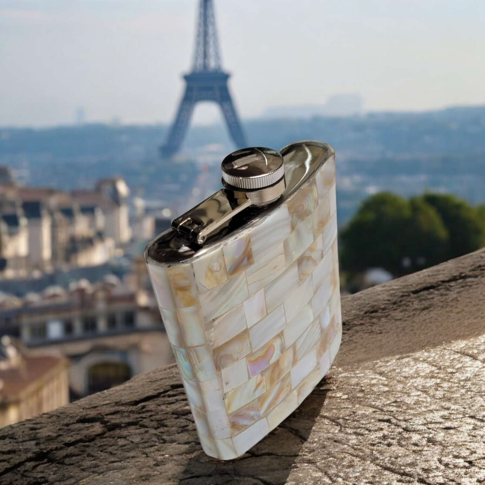 Handcrafted Mother of Pearl Pocket Wine Whisky Flask 7 Oz Stainless Steel 5”