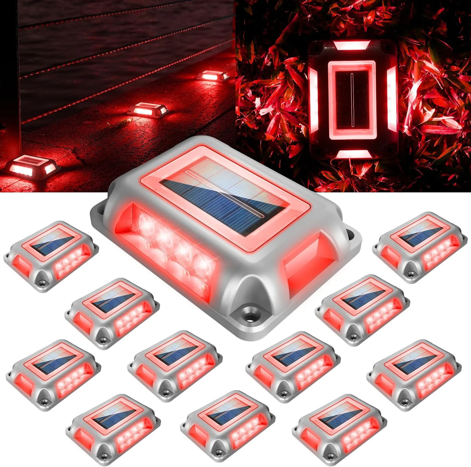 T-SUN Solar Deck Lights Outdoor 12 Pack, Red LED Driveway Deck Light Dock Marine
