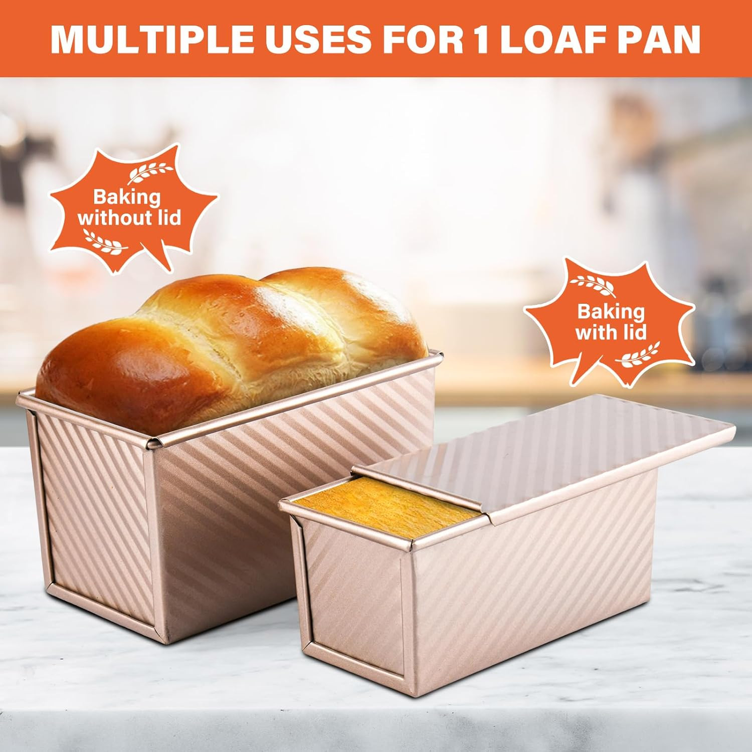 2 Pack Pullman Loaf Pan with Lid, 1 Lb/0.5 Lb Dough Capacity for Homemade Bread,
