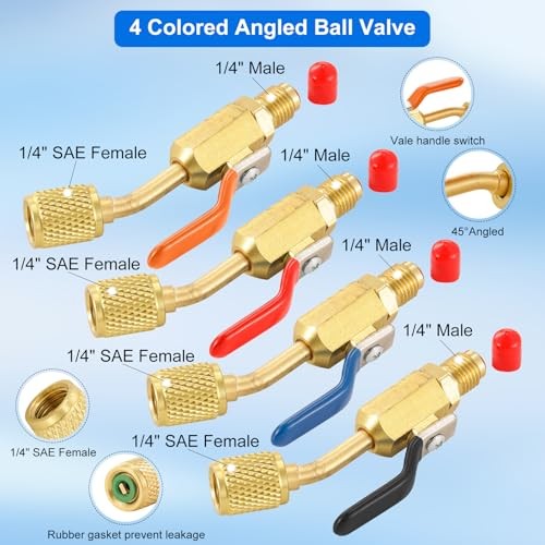 AC Refrigerant Angled Compact Ball Valve Set, 4 Ball Valve + 6PC R410A Adapter