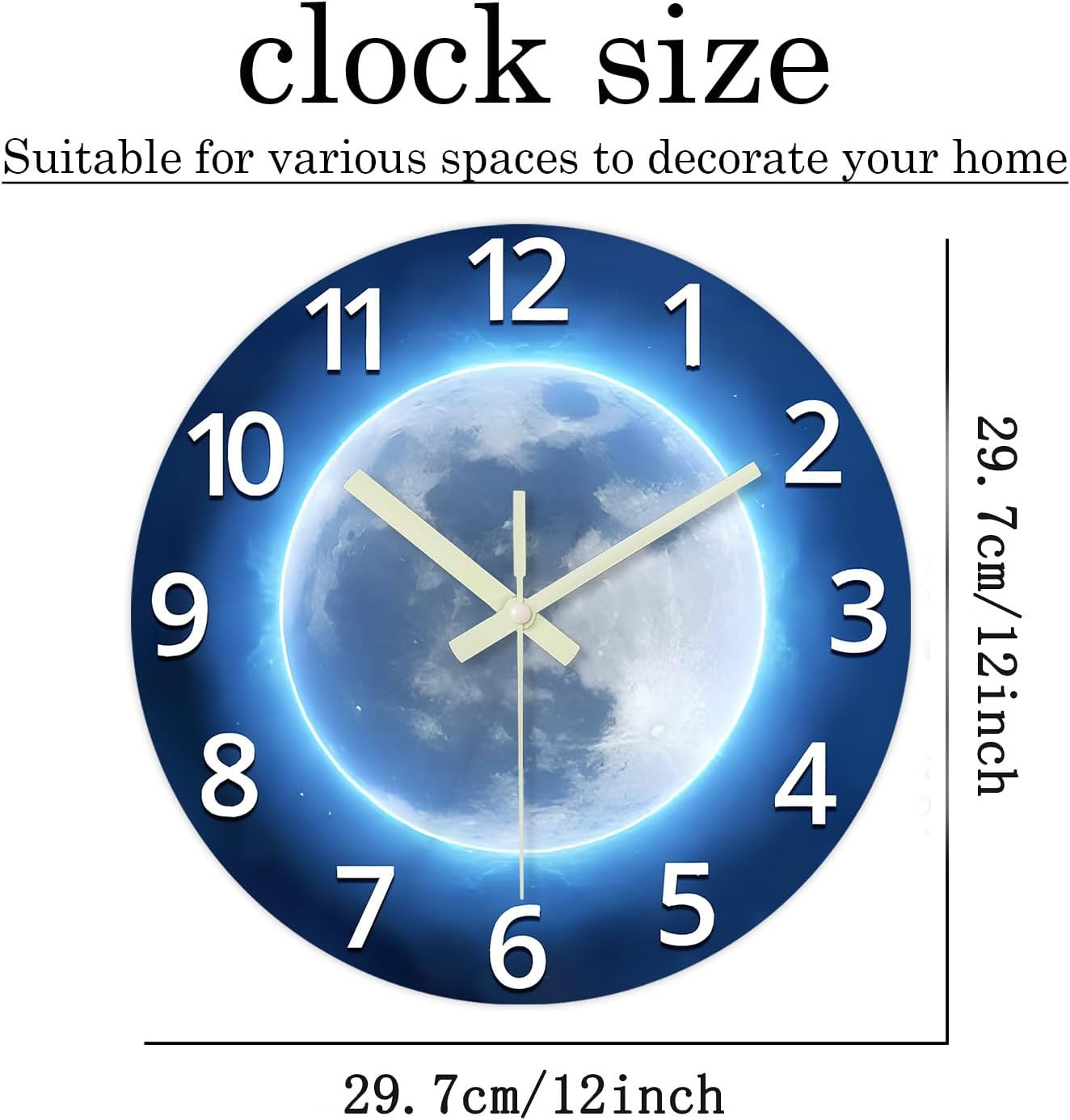 Analog Glow in the Dark Wall Clock Battery Operated 12 Inch Blue Light up Clock