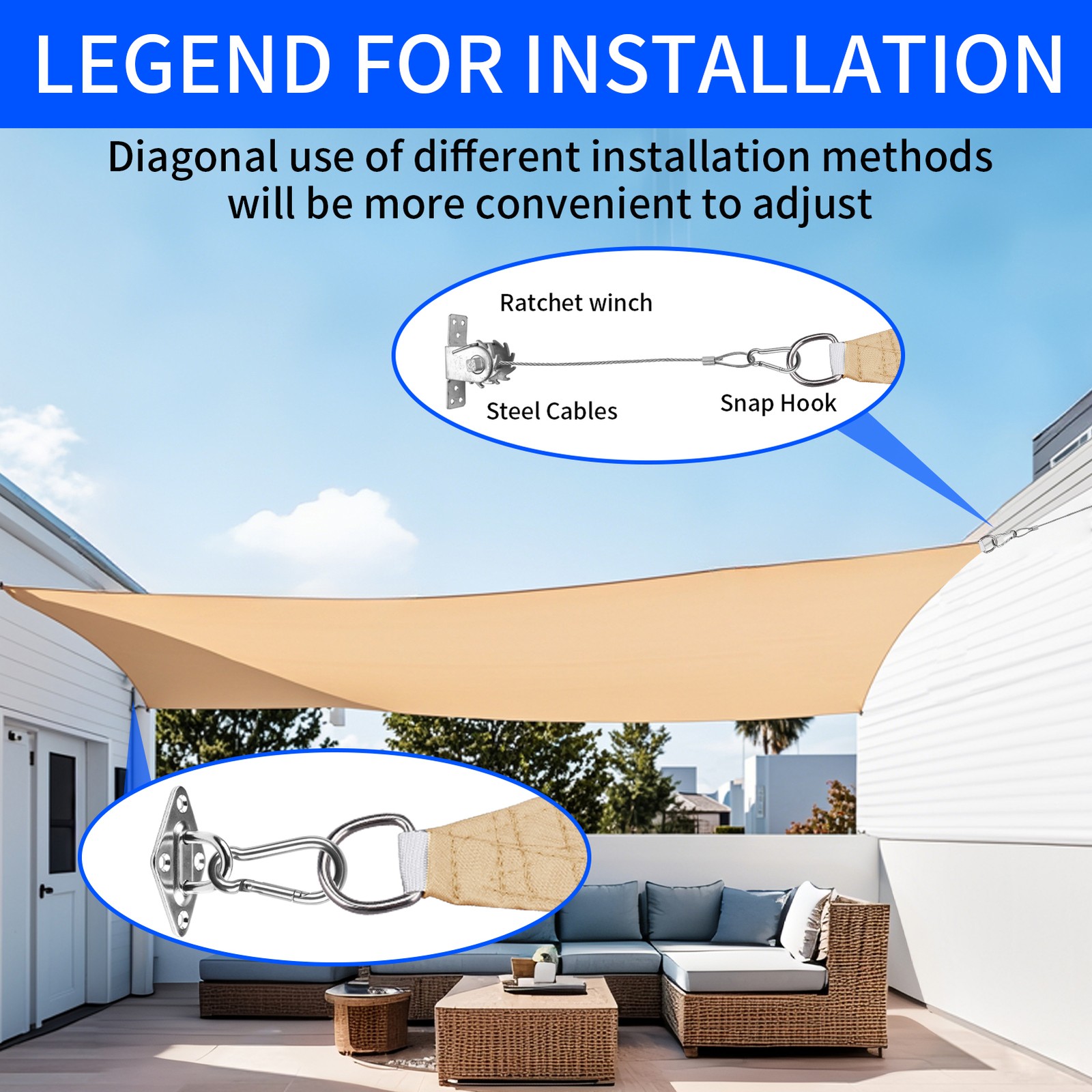 Hardware Kit for Sun Shade Sail Triangle Rectangle Installation Wire Rope Set