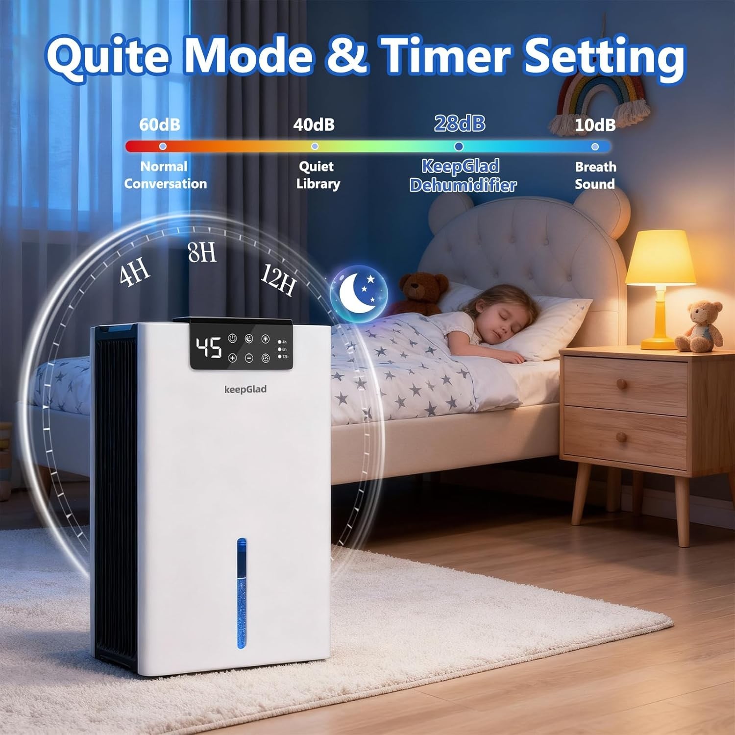 KeepGlad Smart Dehumidifier Tower White Digital Display Quiet Water Window