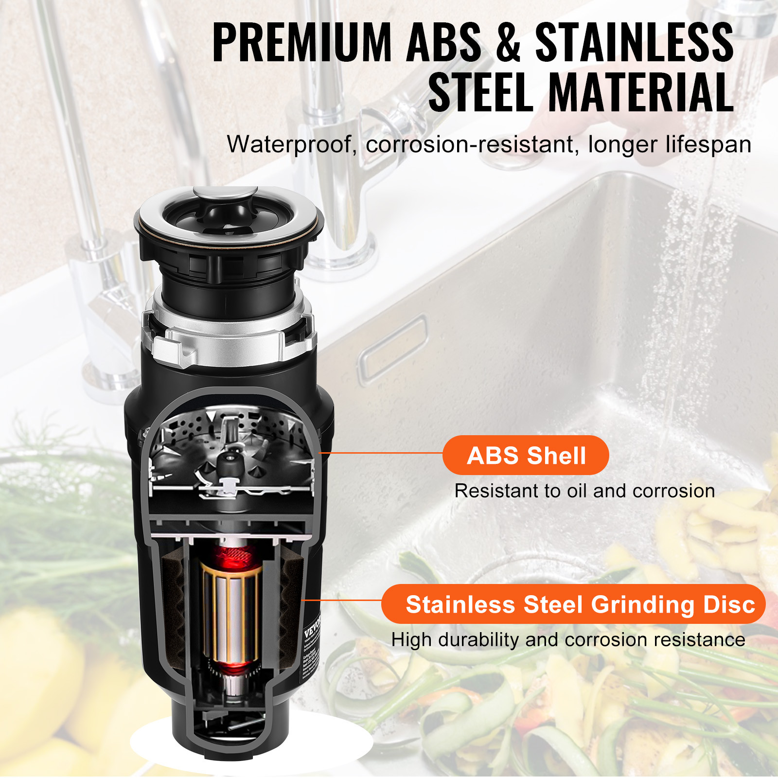 VEVOR Garbage Disposal 1/2 HP Continuous Food Waste Disposer 3450RPM EZ Connect