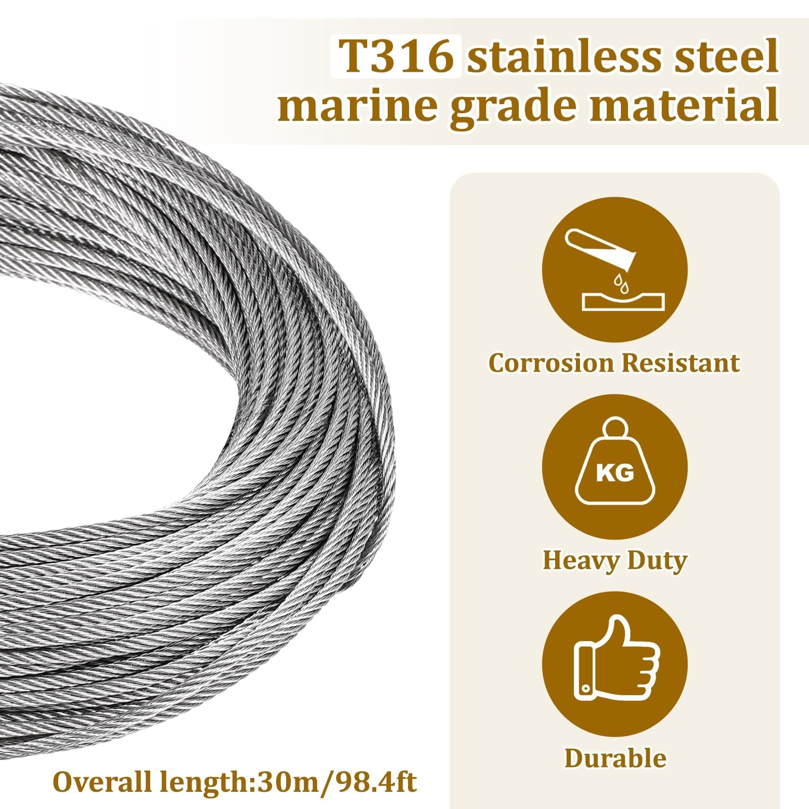 1/8″ Stainless Steel Cable 100ft Wire Rope Metal Cable with Loop Sleeve and S…