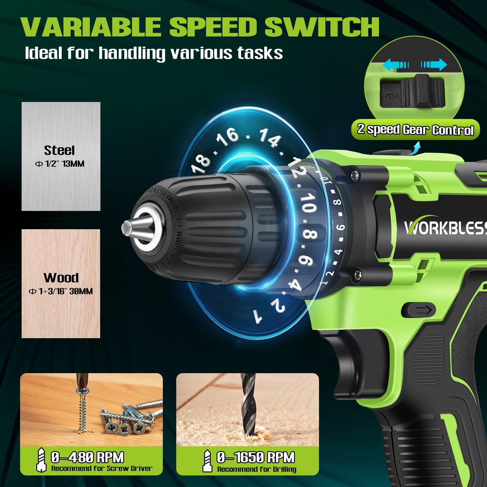 21V Power Drill Set, Cordless Drill with Battery and Charger (Green, 1 Battery)