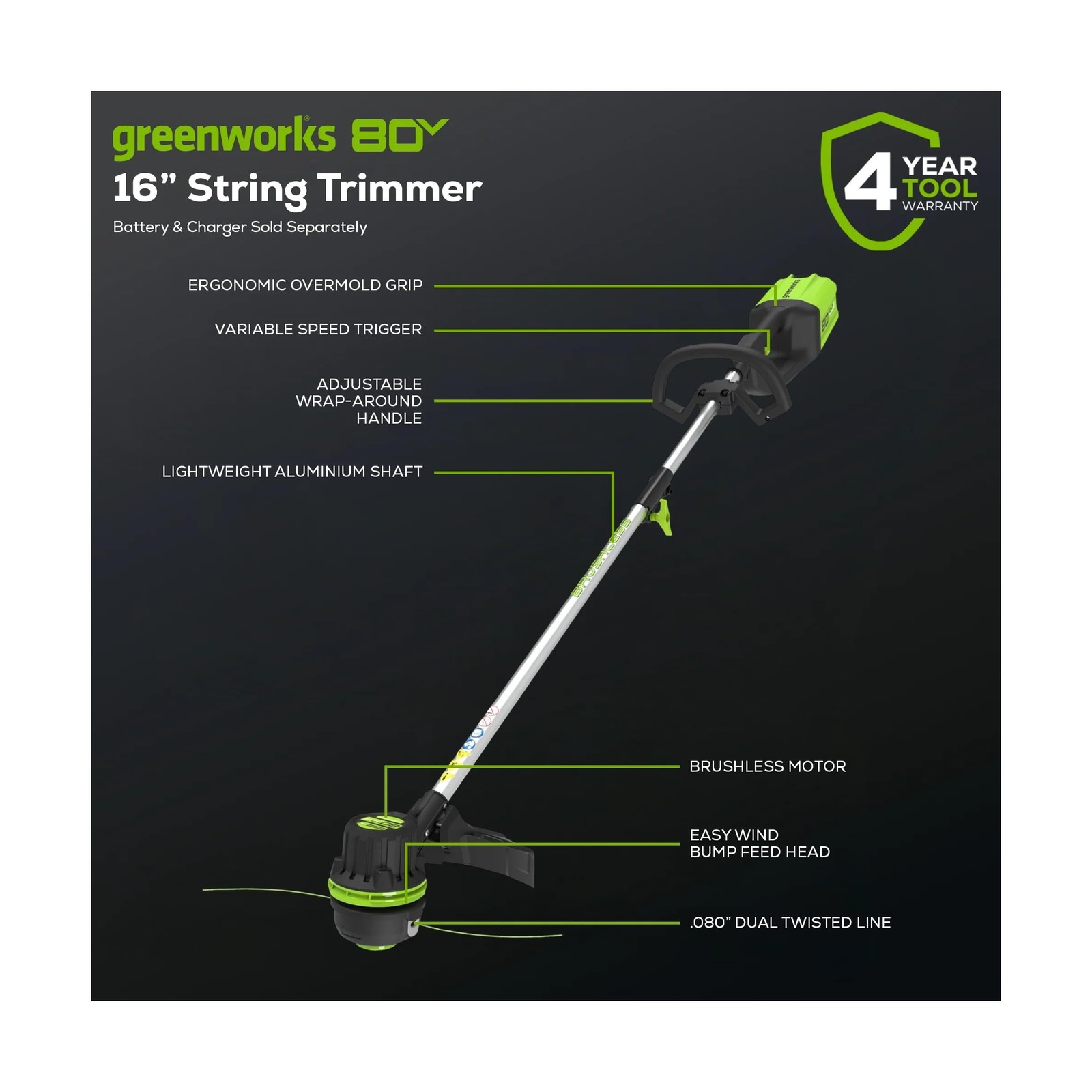 Greenworks 80V 16″ Brushless Cordless String Trimmer – Battery & Charger N