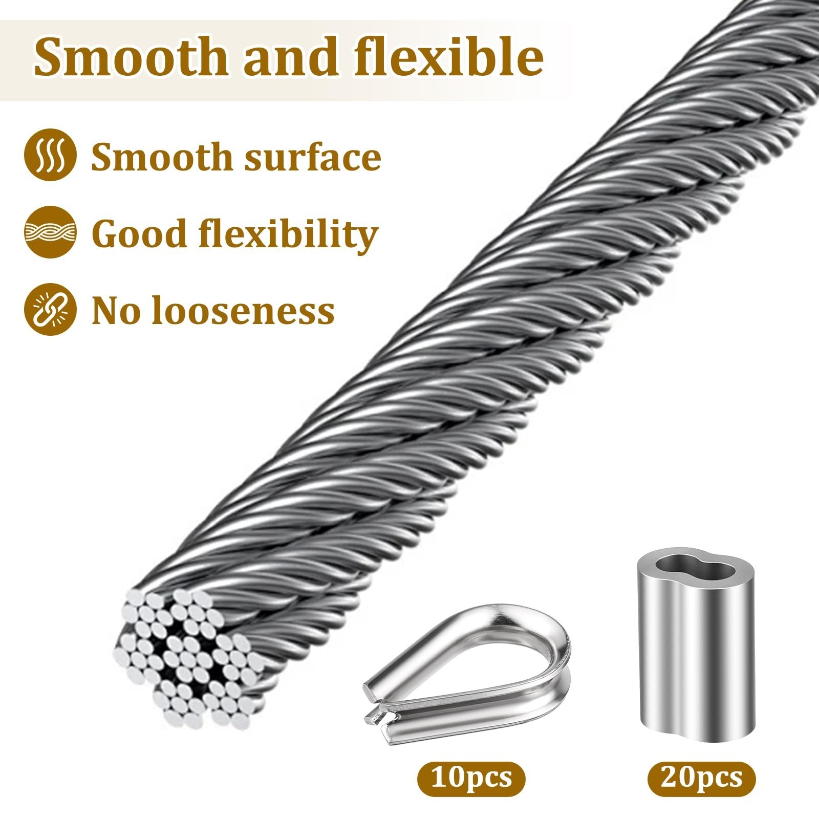1/8″ Stainless Steel Cable 100ft Wire Rope Metal Cable with Loop Sleeve and S…