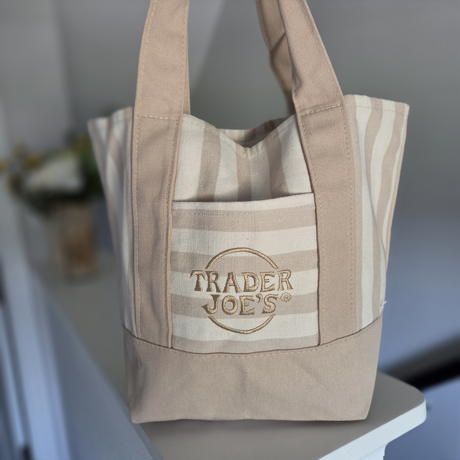 Trader Joe’s Limited Mini Canvas Pastel Striped Tote Bag 2026 Beige/Tan